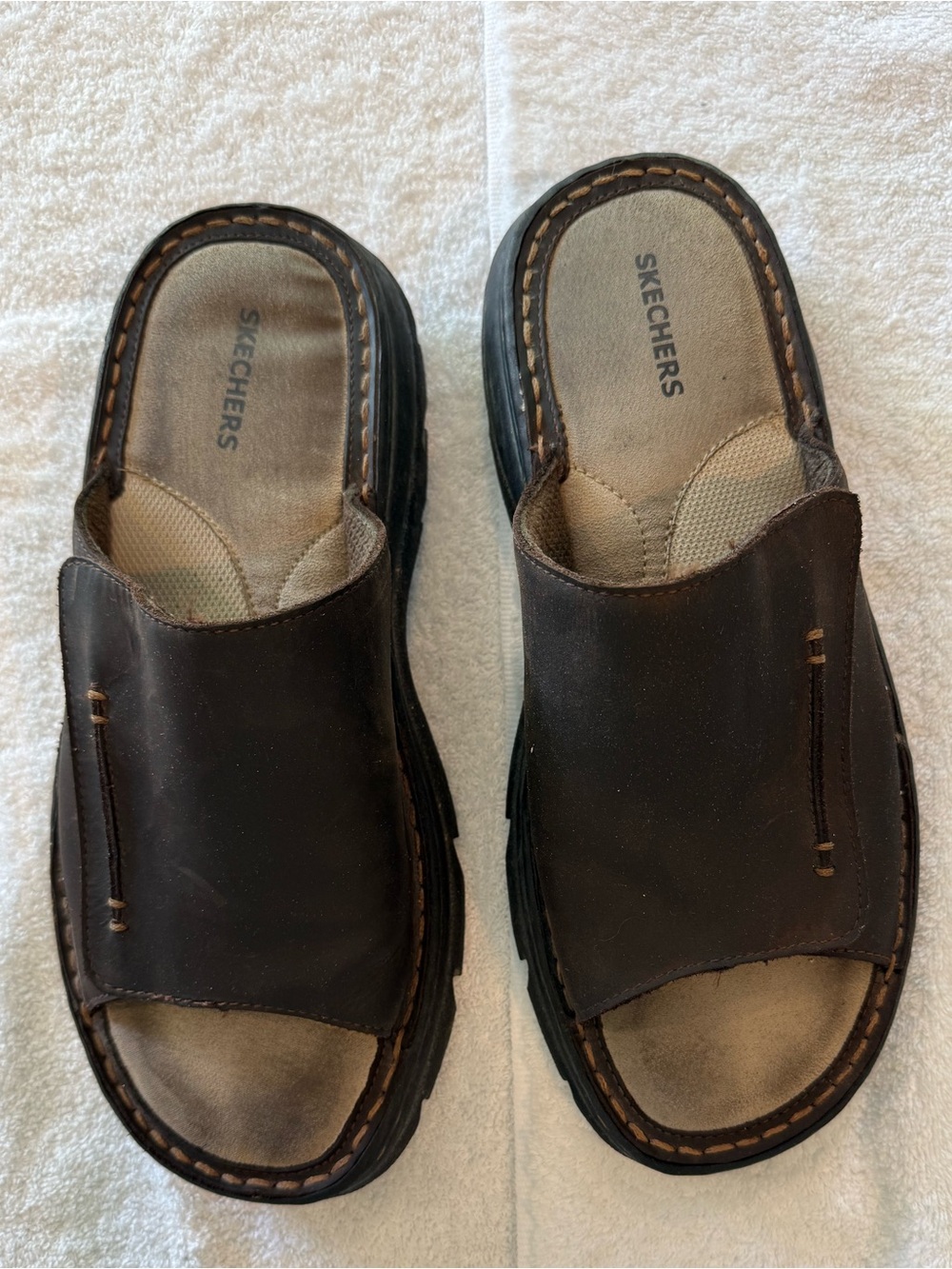 Skechers Men’s Dark Brown Adjustable Leather Slide Sandals - Size 11
